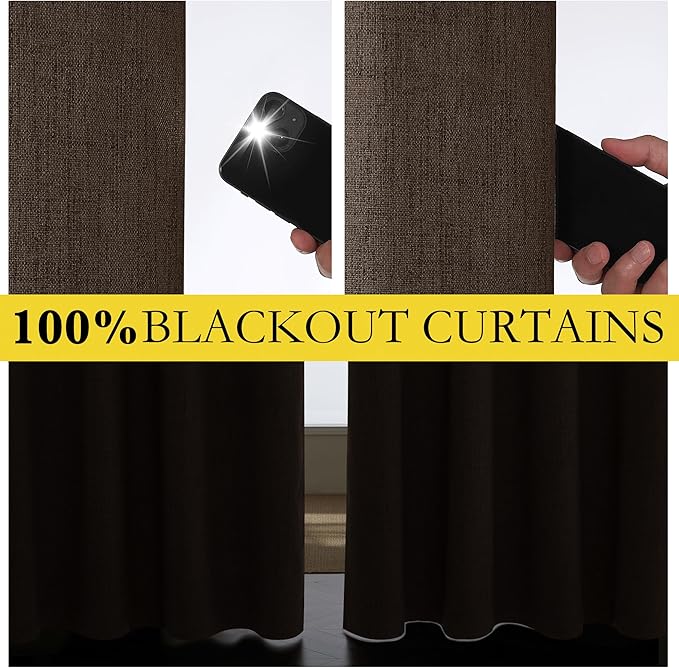 NICETOWN Coffee Vintage Linen 100% Blackout Curtains for Living Room, Thermal Insulated Curtains 63" Long, Noise Reducing Window Treatment Drapes for Hall Room, 52" Wide Per Panel, Set of 2