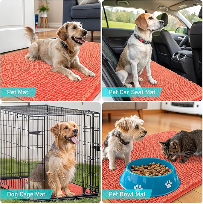 OLANLY Dog Door Mat for Muddy Paws 47x17, Absorbs Moisture and Dirt, Absorbent Non-Slip Washable Doormat, Quick Dry Chenille Mud Mat for Dogs, Entry Indoor Entryway Carpet for Inside Floor, Coral