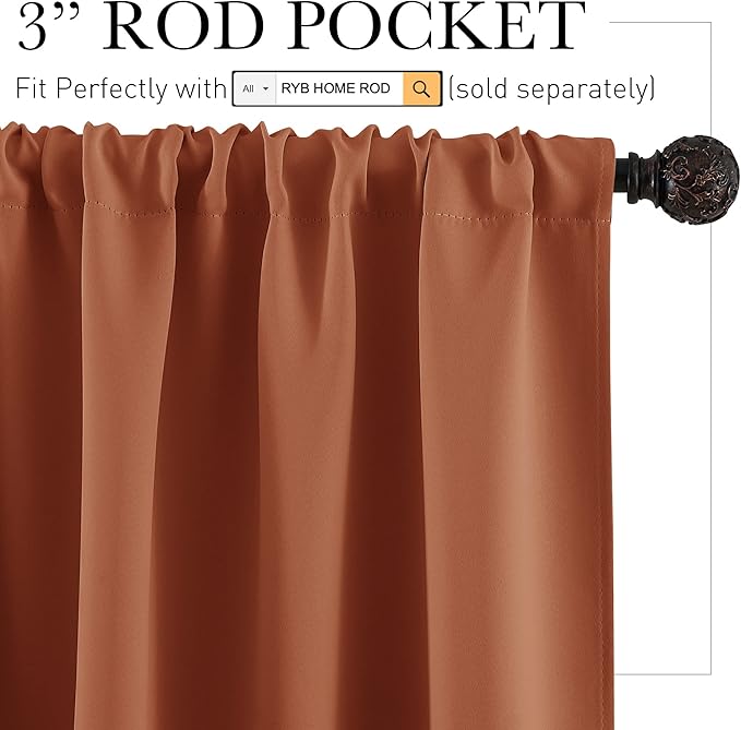 RYB HOME Small Window Curtains for Kitchen, Thermal Insulated Privacy Shades Chic Home Decoration for Basement Bathroom Door Window, Width 42 x Length 45 inch, 2 Panels, Burnt Orange