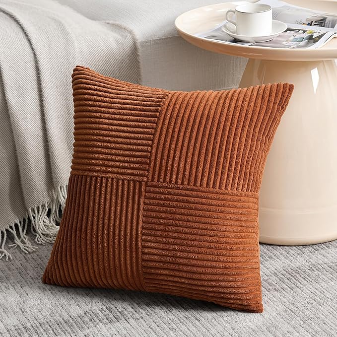 Fancy Homi 2 Packs Rust Decorative Throw Pillow Covers 22x22 Inch for Living Room Couch Bed, Rustic Farmhouse Boho Home Decor, Soft Corss Corduroy Patchwork Terracotta Square Cushion Case 55x55 cm