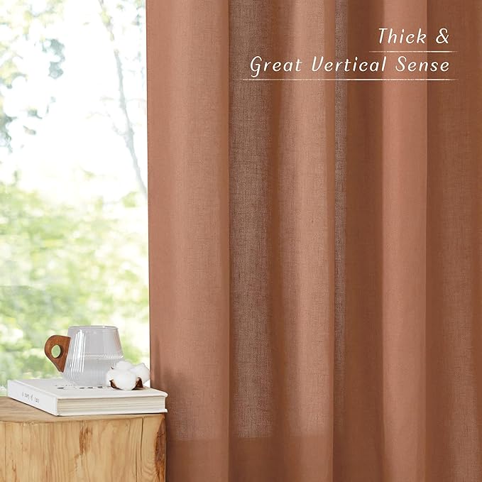 NICETOWN Caramel Linen Curtains for Kitchen, Thick Flax Small Window Treatments Semi Sheer Privacy Assured with Light Through for Cafe/Bathroom, W55 x L92, 2 Panels
