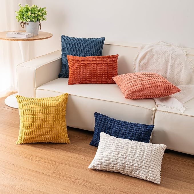 Pack of 2 Corduroy Decorative Throw Pillow Covers 12x24 Inch Soft Striped Pillow Covers Modern Farmhouse Home Decor for Sofa Living Room Couch Bed（Rust）