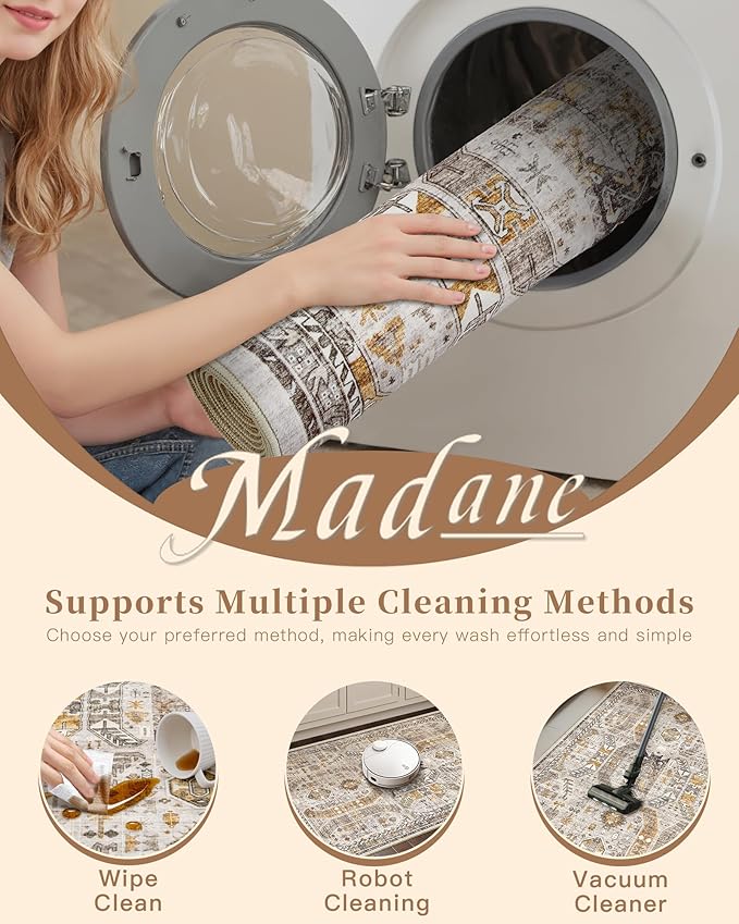 Madane 6x9 Area Rugs for Living Room, Stain Resistant Washable Rugs, Non-Slip Backing Area Rug, Vintage Home Decor Rug for Bedroom (Brown/Gold, 6'x9')