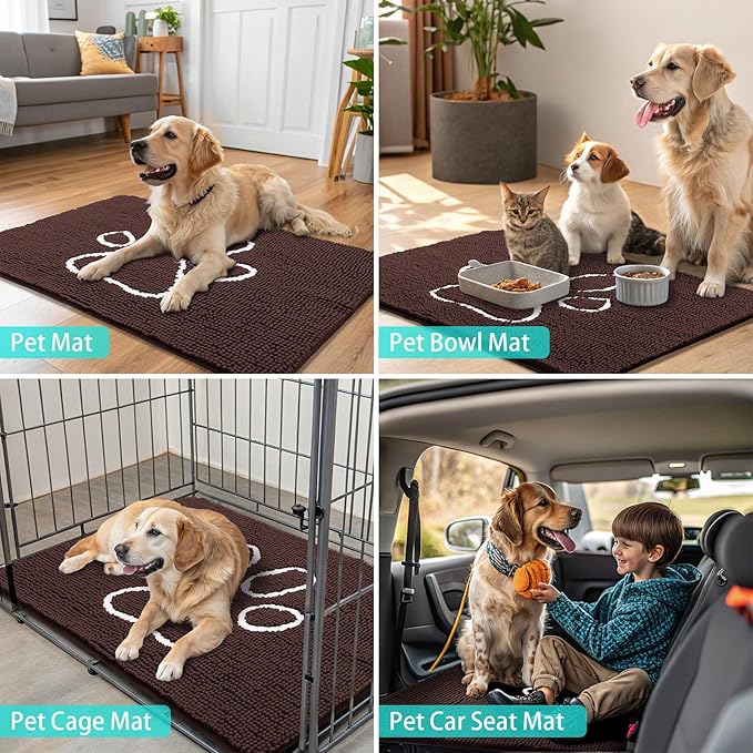 Smiry Dog Door Mat for Muddy Paws, Absorbent Dirt Trapper Non Slip Quick Dry Washable Chenille Mat for Mud Dogs, Entry Rug for Indoor and Outdoor (70x35 Inches, Brown and White)