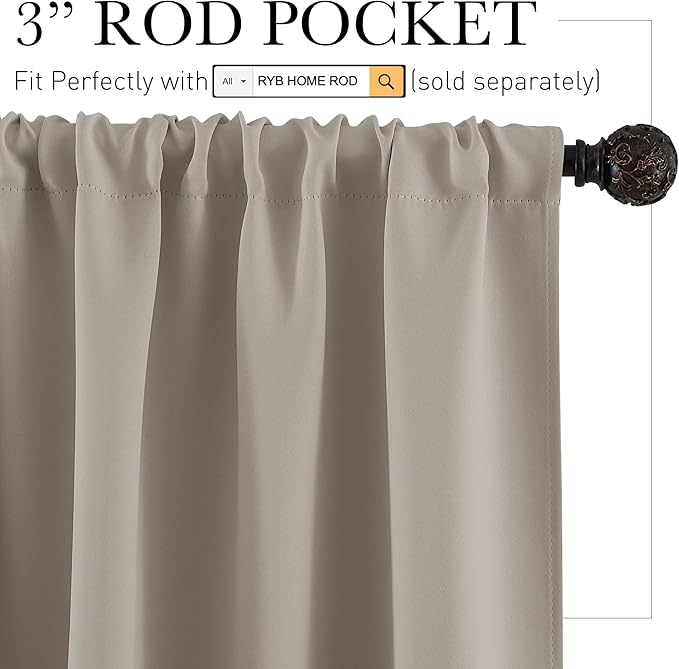 RYB HOME Kitchen Blackout Curtains Over Sink 36 inch Length, Rod Pocket Summer Light UV Blocking Energy Efficient, Cabinet Shelf Cupboard Coverings, Width 29 by Length 36, Sand, 2 Panels