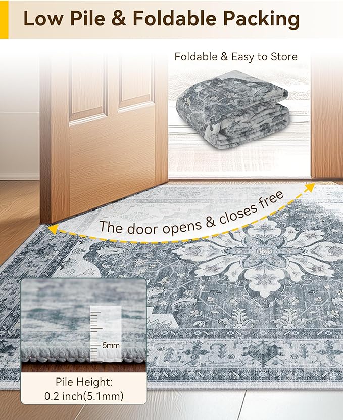Area Rugs 8'x10' Washable Non-Slip, Floral Vintage Distress Print Pattern Medallion Carpet for Living Room Bedroom Dining Room, Light Gray Grey White