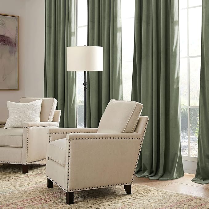 RYB HOME Sage Green Velvet Curtains 90 inches - Heavy Duty Back Tab Decorative Window Drapes Privacy Room Darkening Covering for Living Room Bedroom, 52 inch x 90 inches, 2 Panels Set
