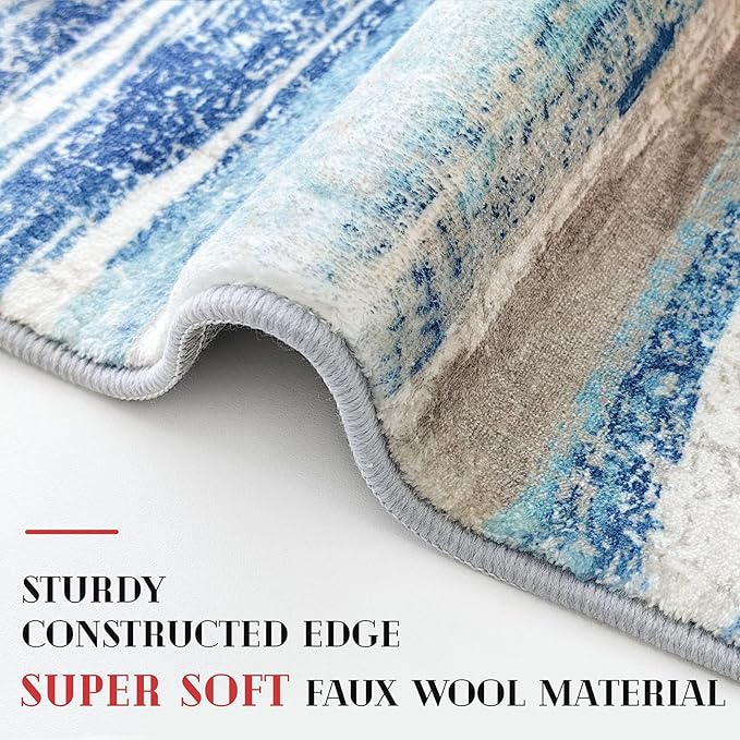 Lansny Modern Abstract Runner Rug 3x10, Blue Washable Kitchen Runner Non-Slip Soft Hallway Rug Runner Thin Print Faux Wool Carpet for Entryway Bedroom Laundry Room Indoor Home Office Decor