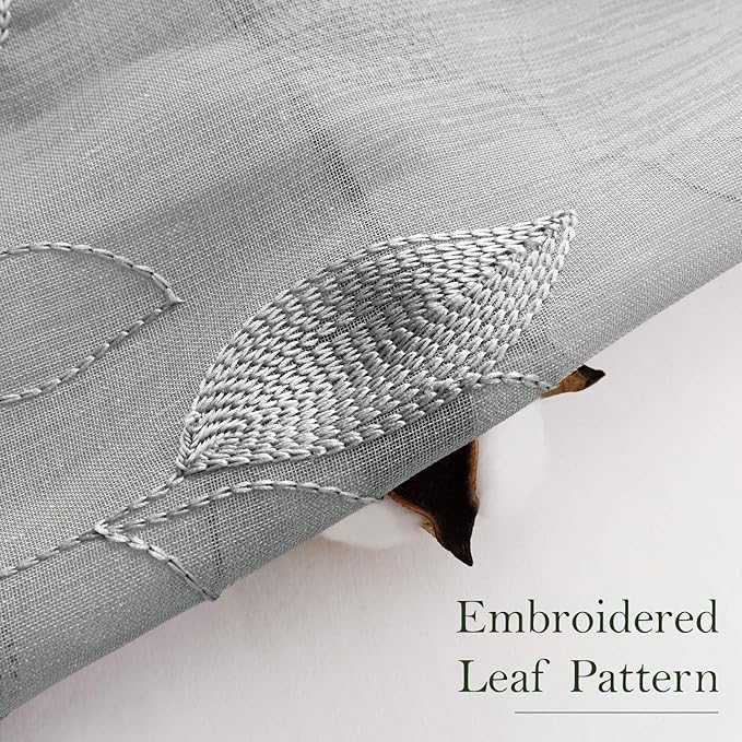 HOMEIDEAS Grey/Gray Sheer Kitchen Curtains 52 x 45 Inch Length 2 Panels Embroidered Leaf Pattern Short Curtains for Bedroom Half Small Window Rod Pocket Tiers