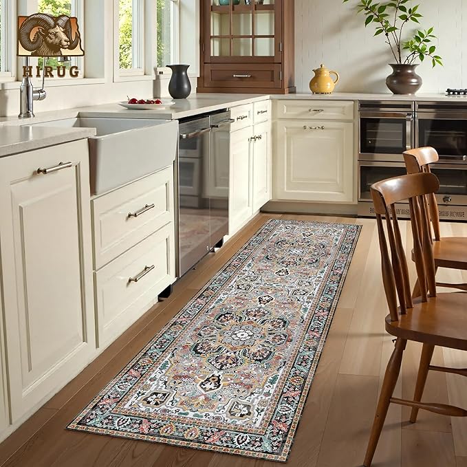 Washable Area Rug 2'6'' x 8' Vintage Traditional Persian Mat - Foldable Distressed Non-Slip Machine Washable Carpet for Living Room Bedroom Kitchen Home Decor - Slate and Multicolor