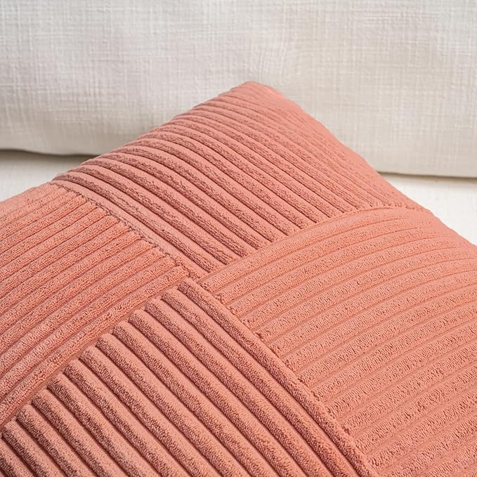 Fancy Homi 2 Packs Coral Decorative Throw Pillow Covers 16x16 Inch for Living Room Couch, Rustic Farmhouse Boho Home Decor, Soft Corss Patchwork Corduroy Textured Square Peach Cushion Case 40x40 cm