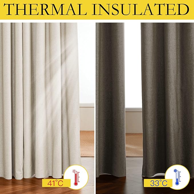 NICETOWN 100% Blackout Room Warming Linen Texture Curtains 84 inches Long, Beige, 2 Panels, Thermal Insulated Full Blackout 2-Layer Lined Drapes, Energy Efficiency Window Draperies for Boy's Room