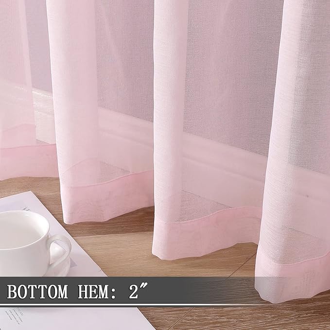 Tollpiz Short Sheer Curtains Linen Textured Living Room Curtain Sheers Light Filtering Rod Pocket Voile Curtains for Bedroom, 42 x 45 inches Long, Pink, Set of 2 Panels