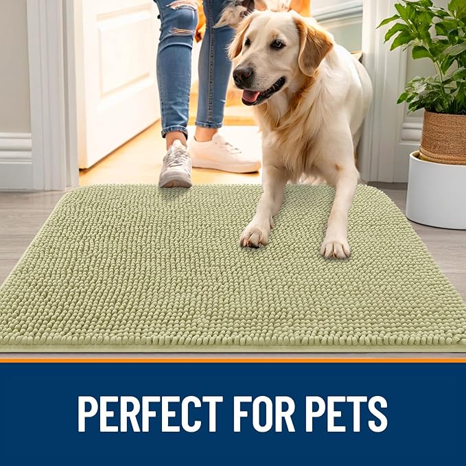 OLANLY Dog Door Mat for Muddy Paws 44x32, Absorbs Moisture and Dirt, Absorbent Non-Slip Washable Doormat, Quick Dry Chenille Mud Mat for Dogs, Entry Indoor Entryway Carpet for Inside Floor, Vanilla