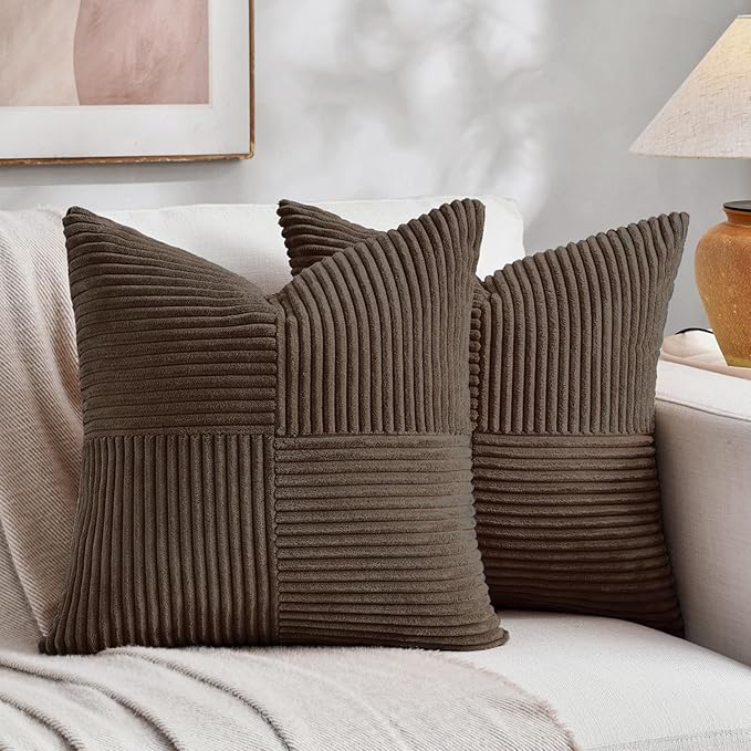 Fancy Homi 2 Packs Dark Brown Euro Decorative Throw Pillow Covers 26x26 Inch for Couch Bed, Rustic Farmhouse Boho Home Decor, Soft Corss Corduroy Patchwork Textured Square Cushion Case 66x66 cm