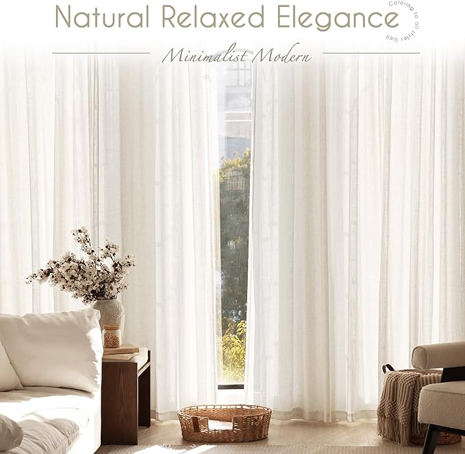 Natural Linen Curtain 102 inch Long 2 Panels Set Back Tab Light Filtering Living Room Curtain Drapes Home Office Modern Minimalist Decor Farmhouse Boho Neutral Cream Semi Sheer Curtain 102 inch Length