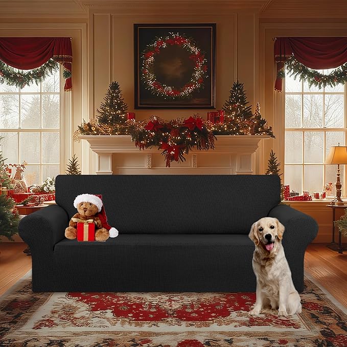 KEKUOU Stretch Oversized Sofa Slipcover 1 Piece Couch Sofa Cover (94"-110") Furniture Protector 4 Seater Sofa with Elastic Bottom for Kids,Pet.Jacquard Checked Pattern Fabric(X Large,Black)