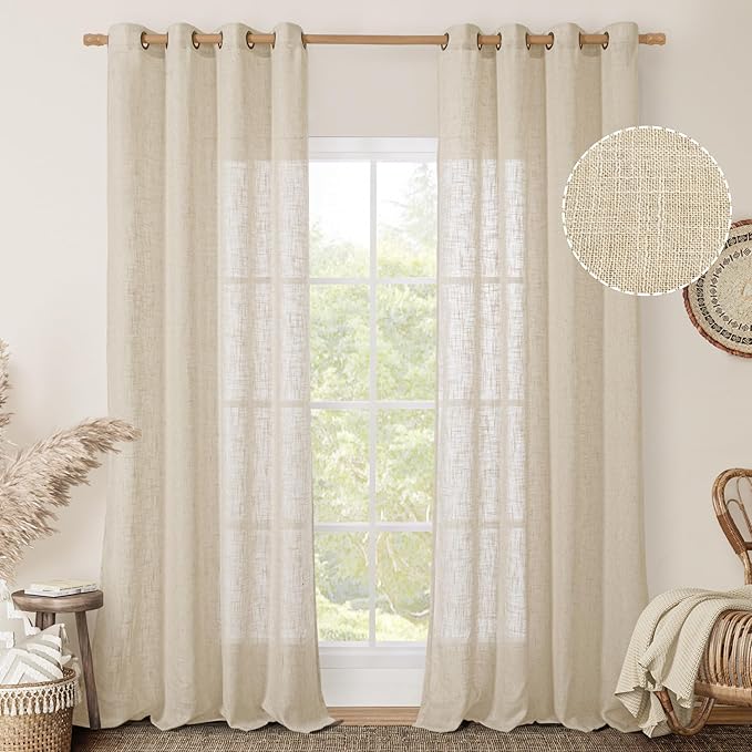 LAMIT Linen Sheer Curtains 96 Inches Long 2 Panels Set, Light Filtering Vertical Panels Bronze Grommet Floor to Ceiling Curtains for Living Room/Sliding Glass Door/Bedroom, Linen, 52 x 96 Inch