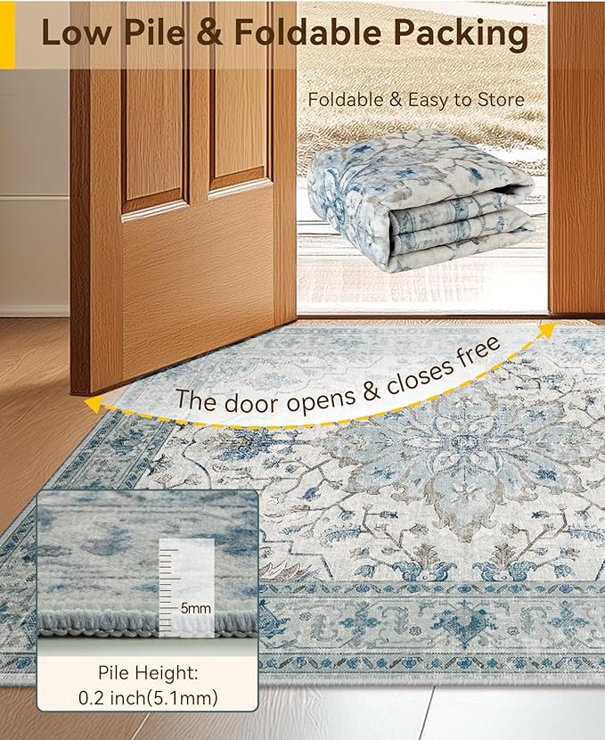 Area Rugs 5'x8' Washable Non-Slip, Floral Vintage Distress Print Pattern Medallion Carpet for Living Room Bedroom Dining Room, Light Blue Navy Beige Gray White