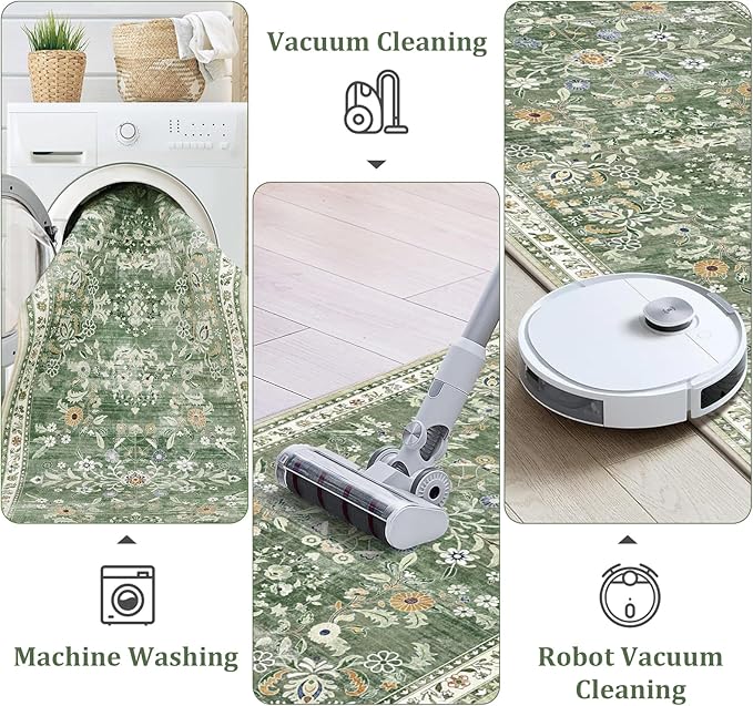 Yamaziot Washable Area Rug 3x5 – Small Non Slip Boho Area Rug for Bedroom, Low Pile Distressed Carpet for Living Room, Bedroom, Kitchen, Entrance, Green