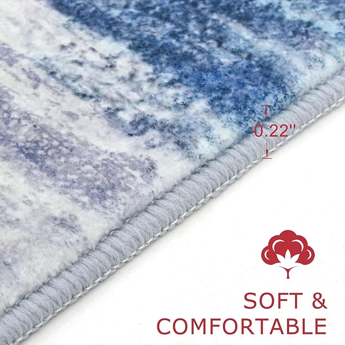 KOZYFLY Modern Abstract Washable Rug Runner 2.6x14 Hallway Rug Runner Non-Slip Soft Kitchen Runner Rugs, Blue/Grey/Beige Striped Carpet for Entryway Bathroom Laundry Room Foyer