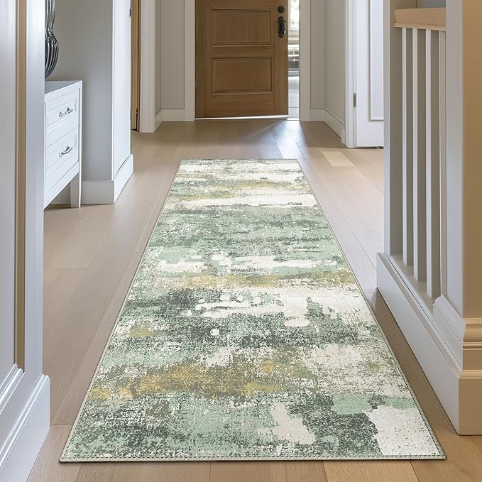 BEIMO Runner Rug for Hallway Kitchen, 2x6 Machine Washable Runners Rug for Entryway, Light Green Soft Modern Abstract Throw Rugs, Low Pile Floor Carpet with Non Slip Backing