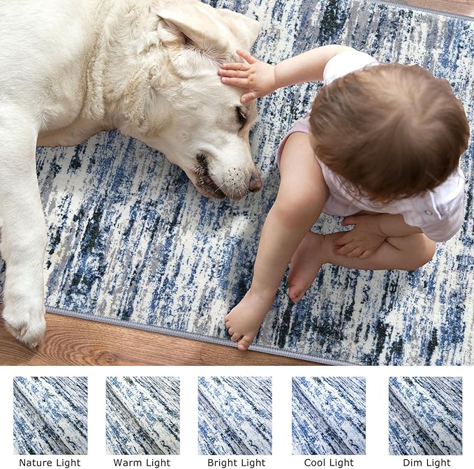 Lansny Modern Abstract Runner Rug 3x8, Grey Blue White, Washable Kitchen Runner Non-Slip Soft Hallway Rug Thin Print Faux Wool Carpet for Entryway Bedroom Laundry Room Indoor Home Office Decor