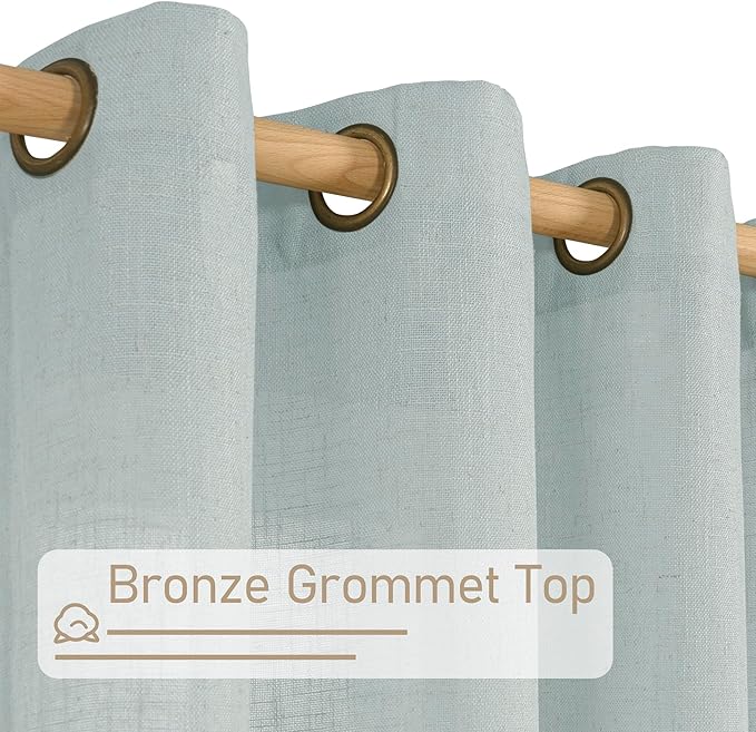 LAMIT Semi Sheer Linen Curtains 54 Inch Length 2 Panels, Greyish Blue Light Filtering Panels Bronze Grommet Neutral Drapes for Bedroom/Window/Dining Room, 52 x 54 Inch