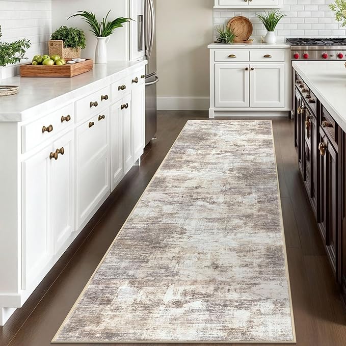 IOHOUZE Abstract Runner Rug 3x10 Ft Washable Runners for Hallways, Non Slip Kitchen Runner Printed Faux Wool Entryway Runner Indoor, Modern Abstract Floor Carpet for Hall Kitchen Bedroom, Beige Brown
