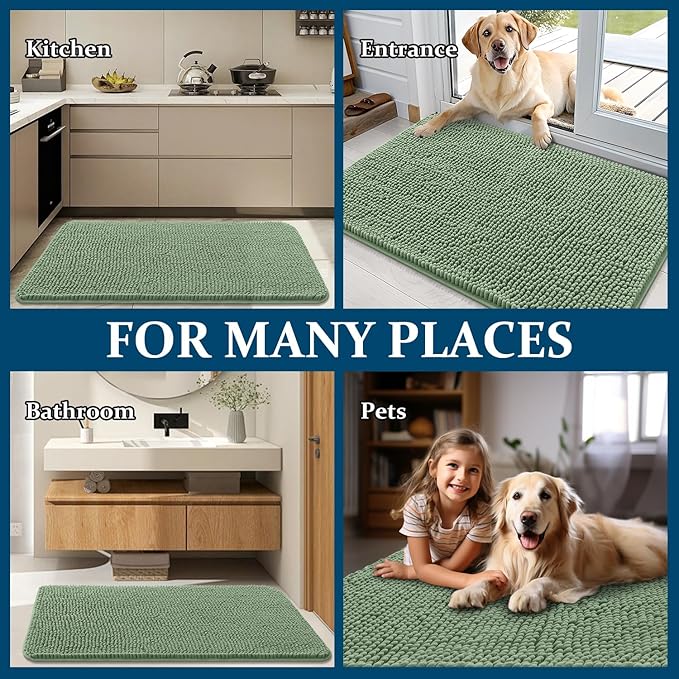 OLANLY Dog Door Mat for Muddy Paws 45x27, Absorbs Moisture and Dirt, Absorbent Non-Slip Washable Doormat, Quick Dry Chenille Mud Mat, Entry Indoor Entryway Carpet for Inside Floor, Olive Green