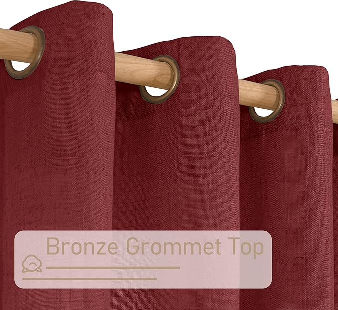 LAMIT Burgundy Red Sheer Linen Curtains 84 inch Length, Light Filtering Semi Sheer Panels Linen Textured Bronze Grommet Christmas Drapes for Living Room/Bedroom, 2 Panels, 52 x 84 Inch