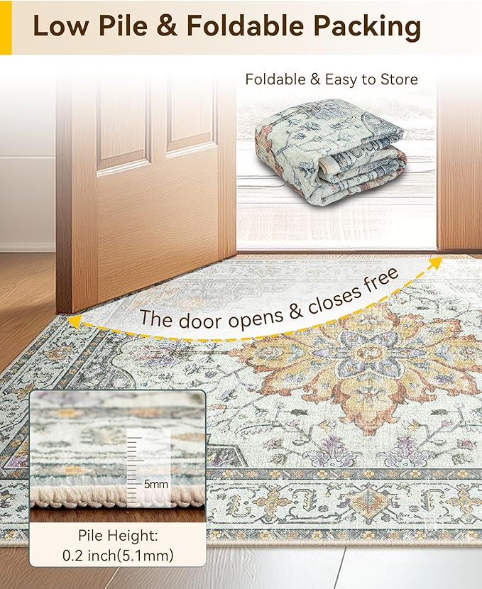 Area Rugs Square 6ft Washable Non-Slip, Floral Vintage Distress Print Pattern Medallion Carpet for Living Room Bedroom Dining Room, Light Yellow Carbon Grey Orange