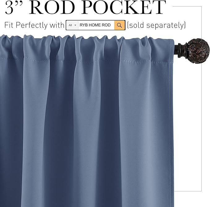 RYB HOME Short Blackout Curtains for Small Window, Sunmmer Heat Light Blocking Privacy Protection Curtains for Sunroom Laundry Room Stair Window, Width 52 by Length 36, Stone Blue, Set of 2