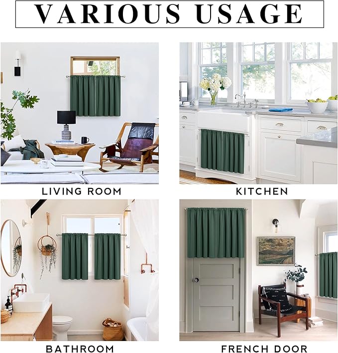 RYB HOME Cafe Blackout Curtains 24 inch Length, RV Curtains for Camper Windows, Mini Short Small Insulating Light UV Blocking Privacy Half Window Tiers, Width 29 by Length 24, Dark Green, 2 Panels