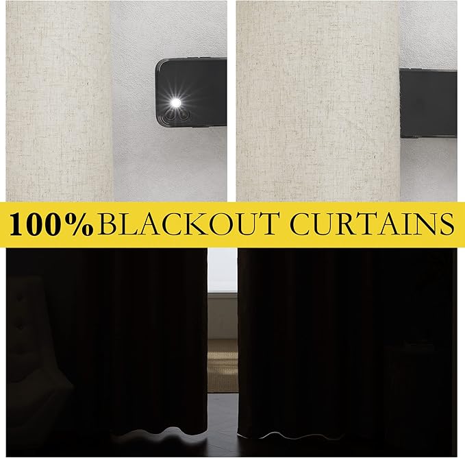 NICETOWN Natural Kitchen 100% Blackout Narrow Curtains 48 inches Long 2 Panels Set, 34" Wide, Rustic Grommet Thermal Insulated Full Blackout Window Draperies with White Liners for Cupboard