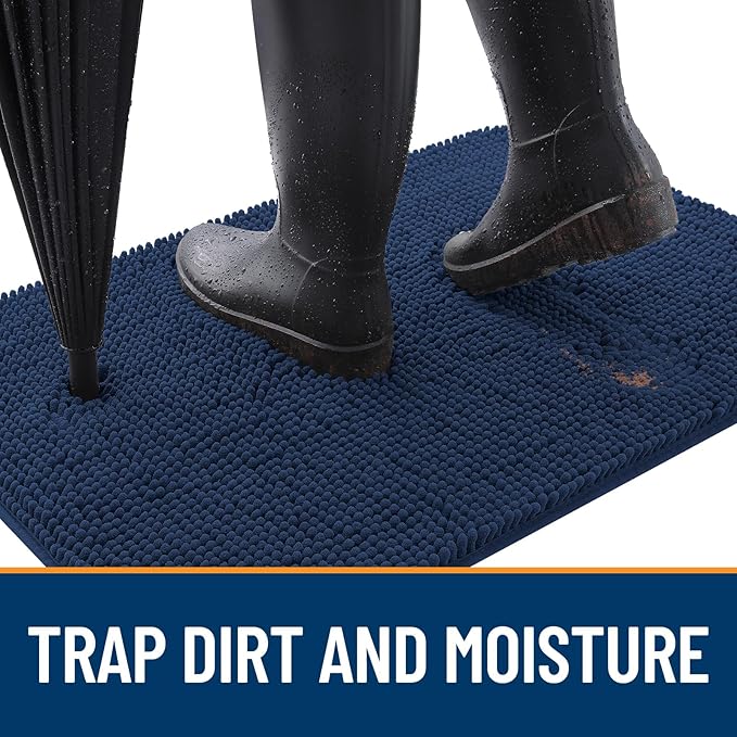 OLANLY Dog Door Mat for Muddy Paws 59x32, Absorbs Moisture and Dirt, Absorbent Non-Slip Washable Doormat, Quick Dry Chenille Mud Mat for Dogs, Entry Indoor Entryway Carpet for Inside Floor, Dark Blue