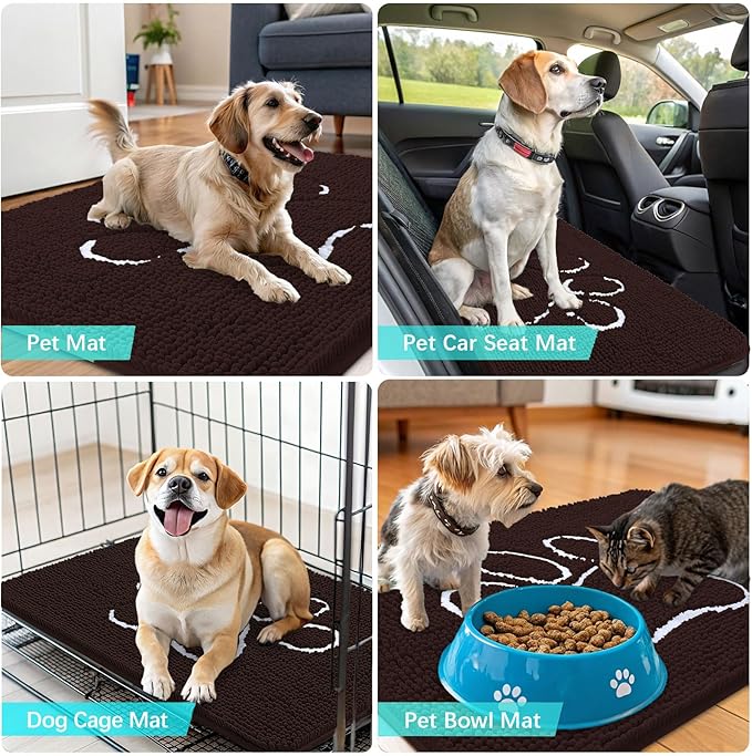 OLANLY Dog Door Mat for Muddy Paws 47x20, Paw Print Design, Absorbs Moisture and Dirt, Absorbent Non-Slip Washable Doormat, Quick Dry Chenille Mud Mat for Dogs, Entry Indoor Entryway Carpet, Brown
