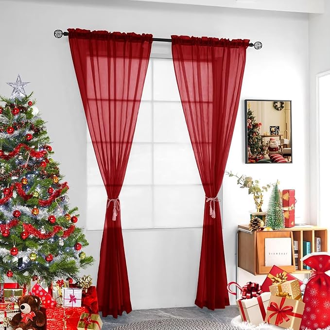 youleyar Solid Sheer Rod Pocket Curtain Voile Draperies 4 Panels White Beige Black Grey Ivory 52 Inch Width 63 Inch Long 1 Pair for Kitchen Bedroom Children Living Room Yard(Christmas Red,52 Wｘ63 L)