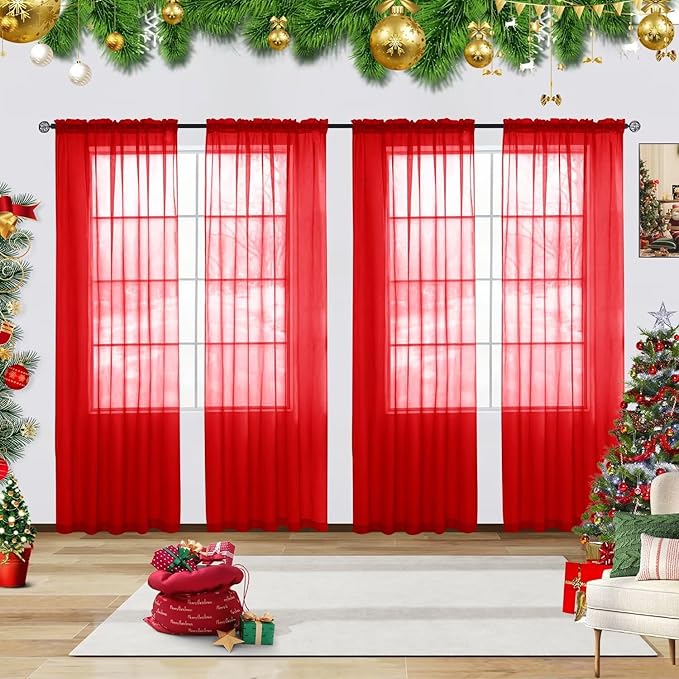 youleyar Solid Sheer Rod Pocket Curtain Voile Draperies 4 Panels White Beige Black Grey Ivory 52 Inch Width 54 Inch Long 1 Pair for Kitchen Bedroom Children Living Room Yard(Red,52 Wｘ54 L)