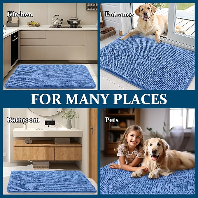 OLANLY Dog Door Mat for Muddy Paws 35x24, Absorbs Moisture and Dirt, Absorbent Non-Slip Washable Doormat, Quick Dry Chenille Mud Mat, Entry Indoor Entryway Carpet for Inside Floor, Cornflower Blue