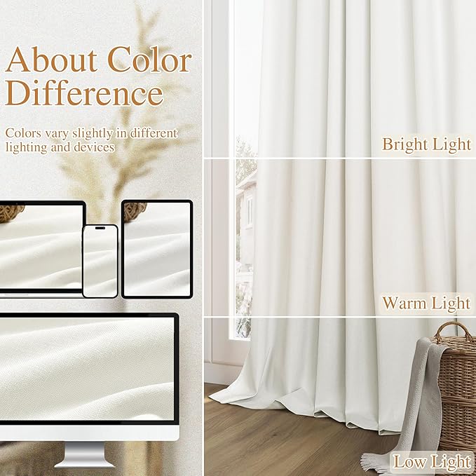 Guken 100% Blackout Linen Curtains 98 Inch Wide by 52 Inch 2 Panels Set for Living Room Bedroom Back Tab Thermal Insulated Black Out Linen Drapes Room Darkening Window Curtains, Ivory