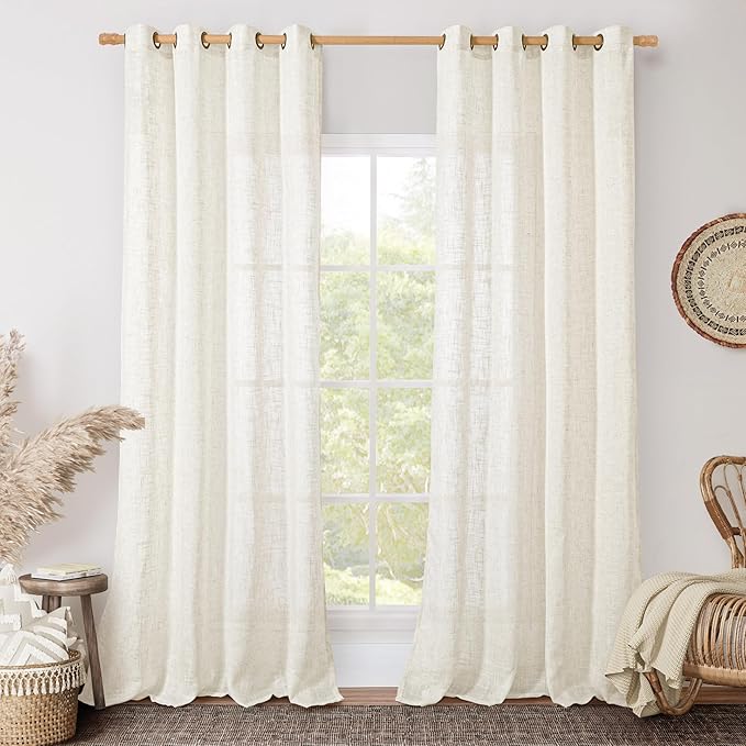 LAMIT Cream Linen Sheer Curtains 96 inches Long, Bronze Grommet Vertical Window Drapes Light Filtering Living Room Panels for Bedroom/Sliding Glass Door Floor to Ceiling, 2 Panel Set, 52 x 96 Inch