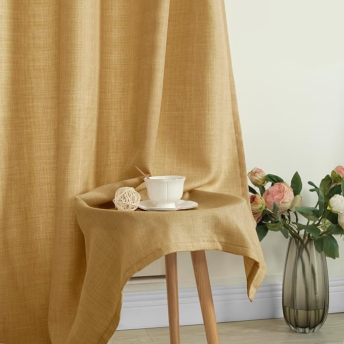 LAMIT Caramel Brown Linen Curtains 54 Inch for Bedroom, Grommet Thick Linen Textured Burlap Curtains Light Filtering Privacy Window Treatments Drapes for Living Room, Set of 2 Panels, 52 x 54 Inch