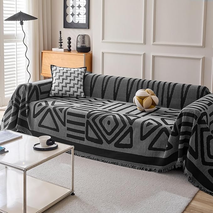 HANDONTIME Boho Geometric Couch Covers for Sofa Pet Friendly Dark Grey and Black Sofa Covers Washable Chenille Couch Blanket Cover for 2 Cushion Couches Pet Protector Furniture Cover Soft, 71" X 102"