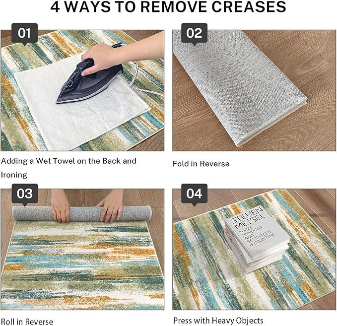Lansny Modern Abstract Runner Rug 3x8, Green Mustard Multi Washable Kitchen Runner Non-Slip Soft Hallway Rug Runner Thin Print Faux Wool Carpet for Entryway Bedroom Laundry Room Indoor Home Office