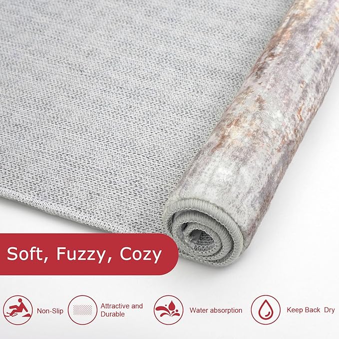KOZYFLY Modern Abstract Washable Rug Runner 2.6x16 Hallway Rug Runner Non-Slip Soft Kitchen Runner Rugs, Multi Grey/Orange Striped Carpet for Stair Entryway Bathroom