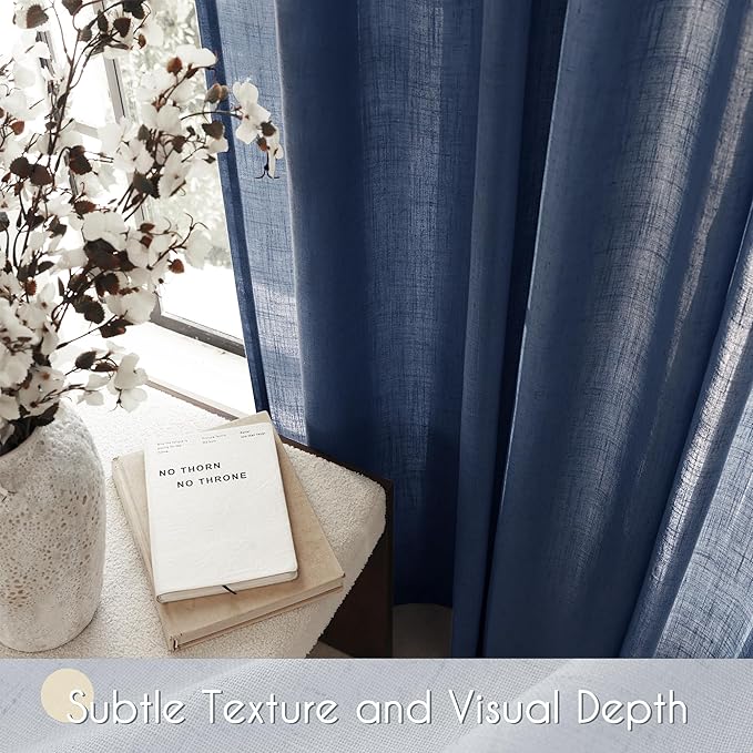Navy Blue Curtains 108 inch Length for Bedroom Back Tab Light Filtering Semi Sheer Blue Living Room Curtains Linen Cotton Textured Indigo Blue Drapery Panel Modern Aesthetic Decor 60" Wx108" L