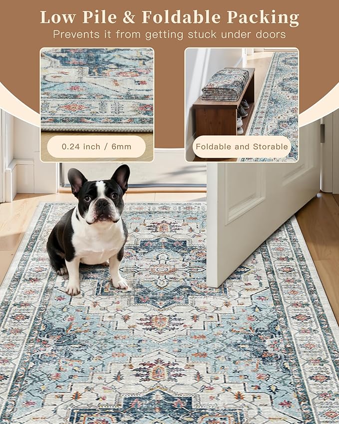 Madane Hallway Runner Rug 3x18 - Kitchen Rugs 18ft Washable Entryway Rug Vintage Kitchen Runners Non Slip Indoor Area Rug Farmhouse Carpet Runner for Bathroom Living Room Bedroom, Blue