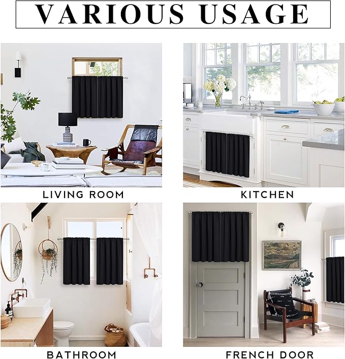 RYB HOME Blackout Privacy Bathroom Window Curtains, Short Thermal Insulated Heat Blocking Privacy Rod Pocket Half Window Curtain Tiers for Nursery Bedroom, Width 42 by Length 30, Black, 2 Panels