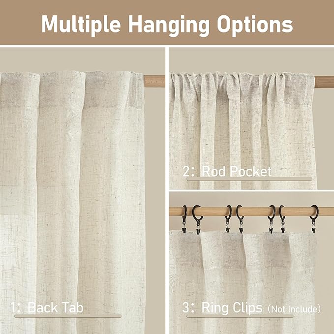 LAMIT 63 Inch Semi Sheer Linen Curtains, Light Filtering Panels Back Tab and Rod Pocket Neutral Drapes for Bedroom/Living Room, Natural, 2 Panels, 34 x 63 Inch